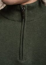 Load image into Gallery viewer, Forest colour knitted jumper for men with half-zip, showing details.
