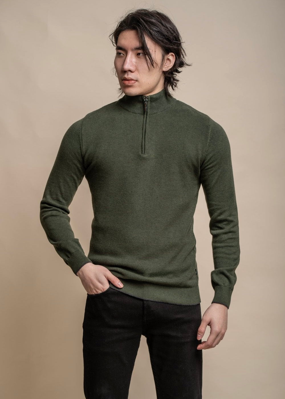 Forest colour knitted jumper for men with half-zip, showing front.