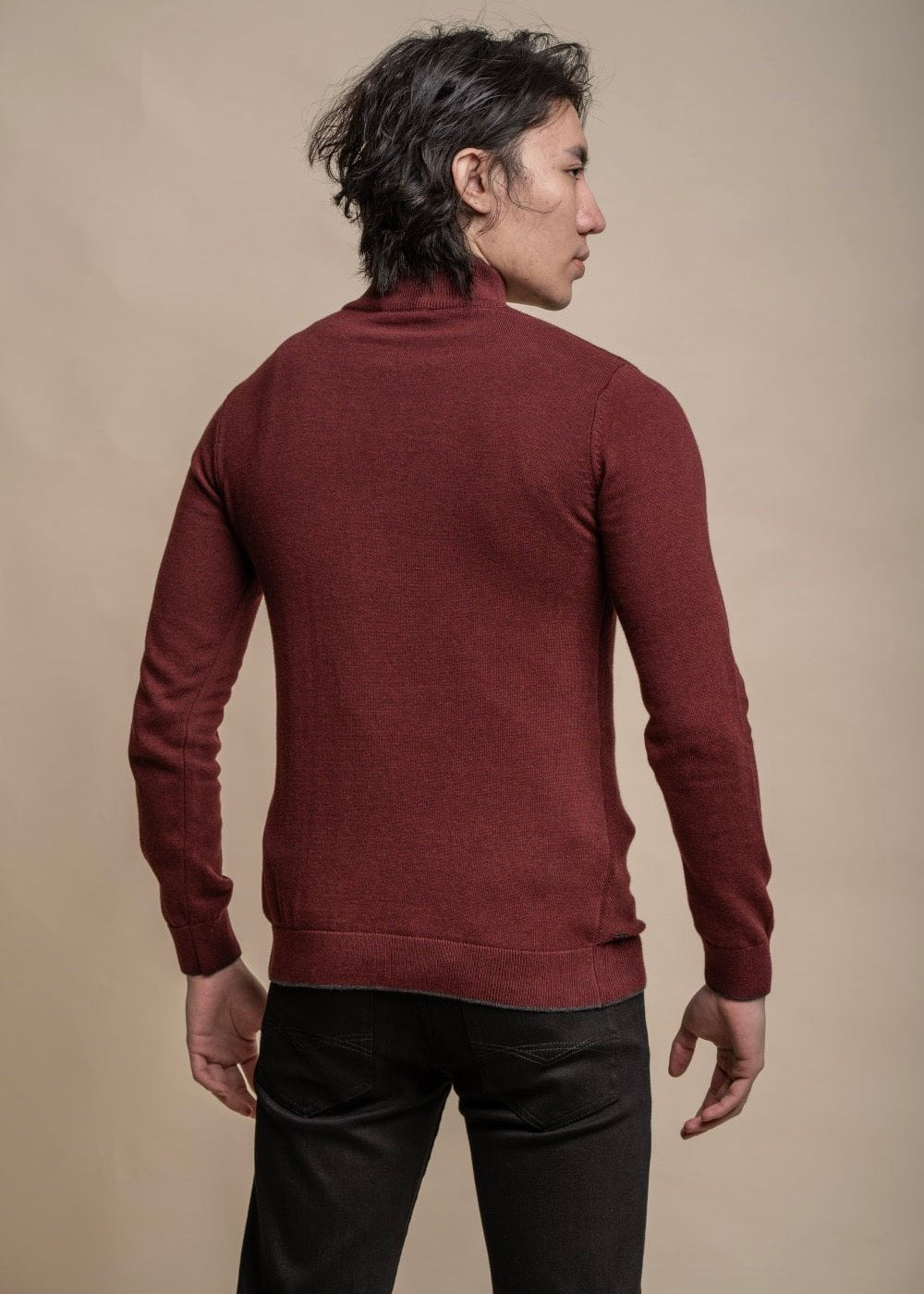 Wine colour knitted jumper for men with half-zip, showing reverse.