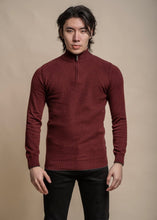 Load image into Gallery viewer, Wine colour knitted jumper for men with half-zip, showing front.
