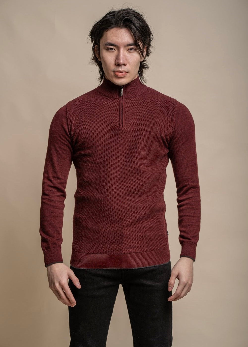 Wine colour knitted jumper for men with half-zip, showing front.