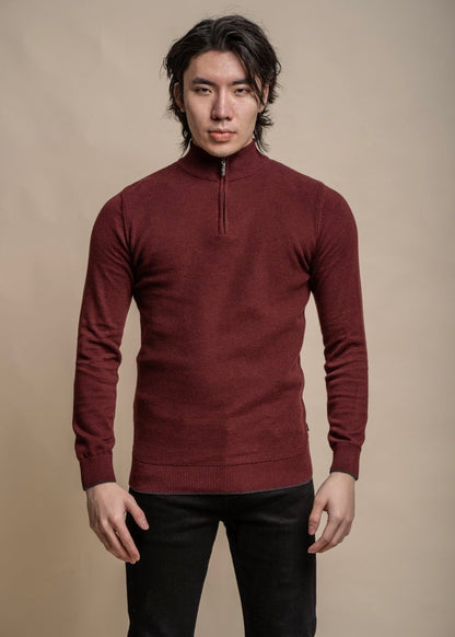 quarter-zip men's jumper in wine.