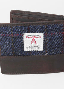 Navy tweed wallet for men, back shown.