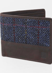 Navy tweed wallet for men, front shown.