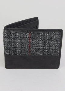 Grey tweed wallet for men, front shown.