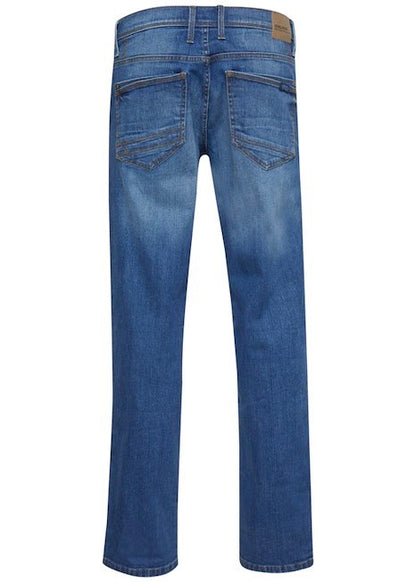 Rock fit men's blue jeans, showing reverse view.