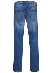 Rock fit men's blue jeans, showing reverse view.