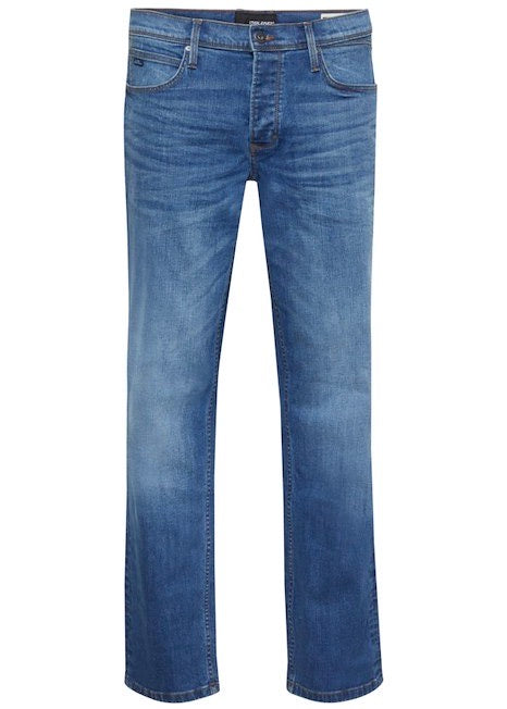 Rock fit men's blue jeans, showing front view.