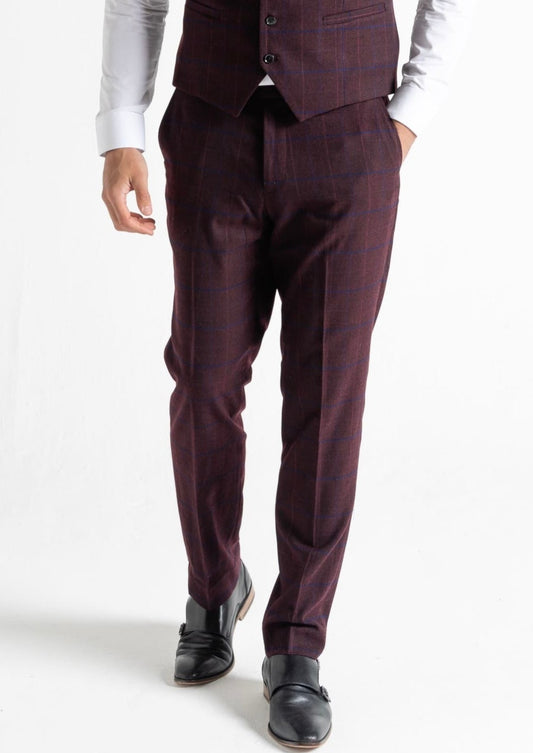 Kensington plum suit trousers for men, showing front details. 