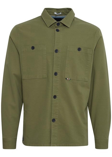 Lightweight moss overshirt for men showing front details.