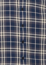 Load image into Gallery viewer, Lumberjack shirt in navy with cream check with close up showing design.
