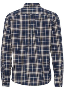 Lumberjack shirt in navy with cream check showing back.