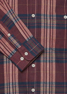 Close up details of lumberjack shirt in plum.