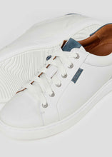 Load image into Gallery viewer, White trainers for men shown with one on side, displaying grooves of the rubber sole.
