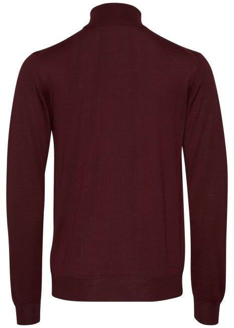 Roll neck jumper, men's jumper, in wine colour showing reverse view.