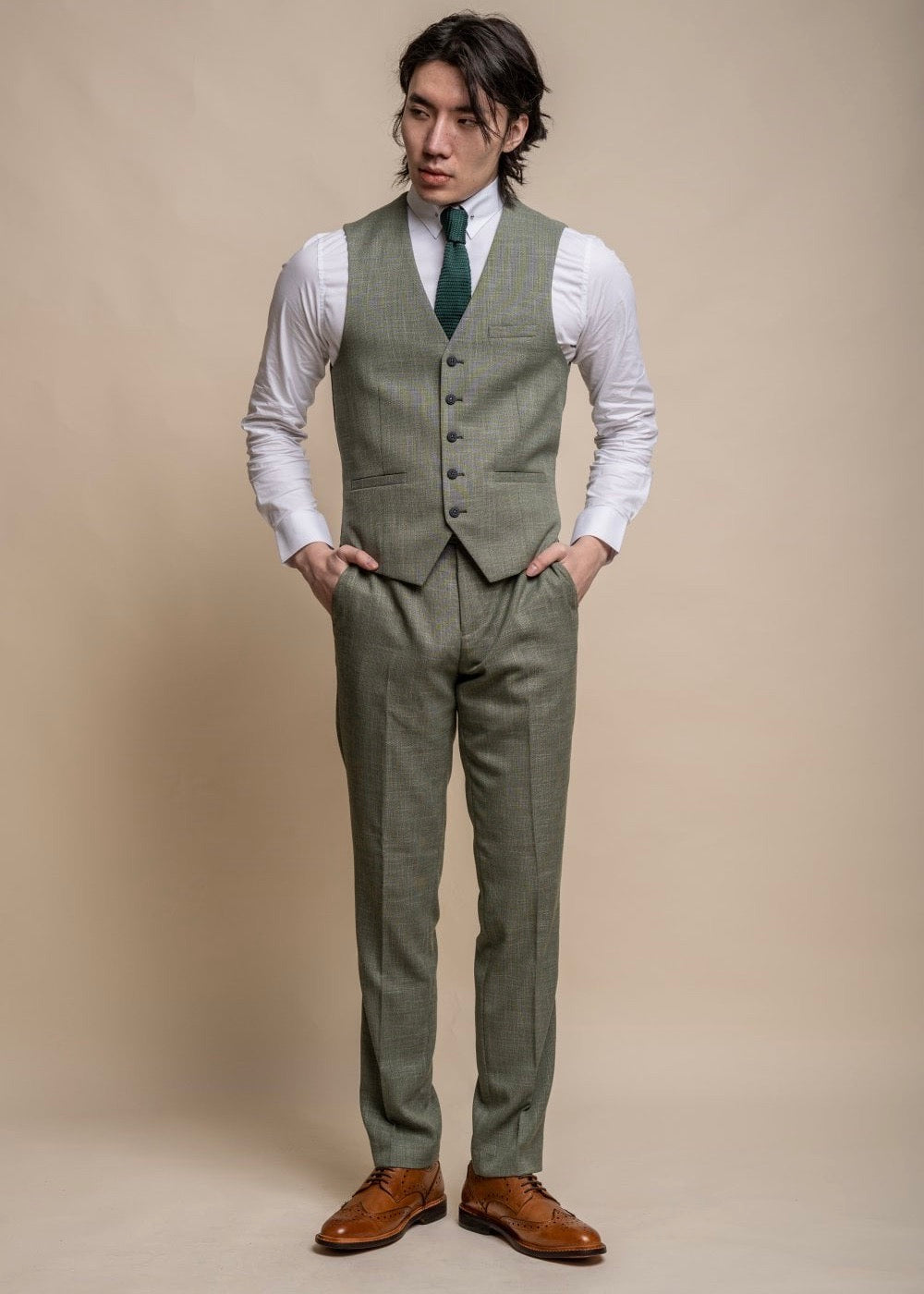 Miami sage suit for men - front of waistcoat.