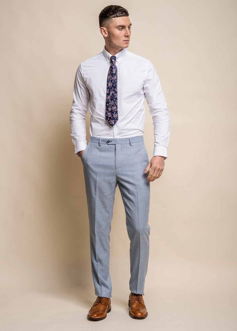 Miami sky suit for men, trousers shown from front with white shirt.