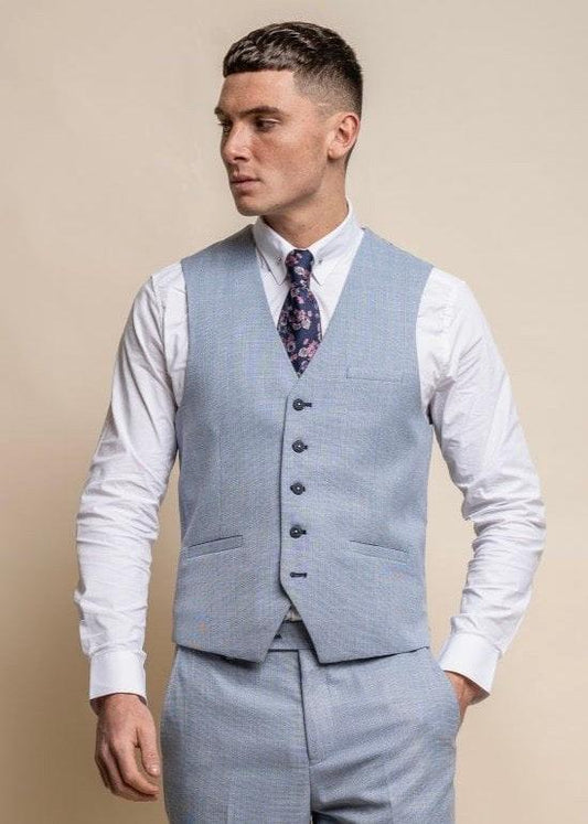 Maimi sky suit for men, waistcoat is shown with trousers and white shirt.