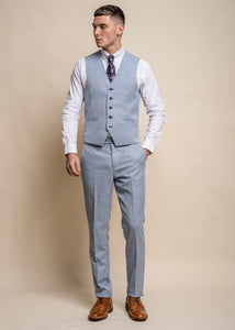 Maimi sky suit for men, waistcoat is shown with trousers and white shirt.