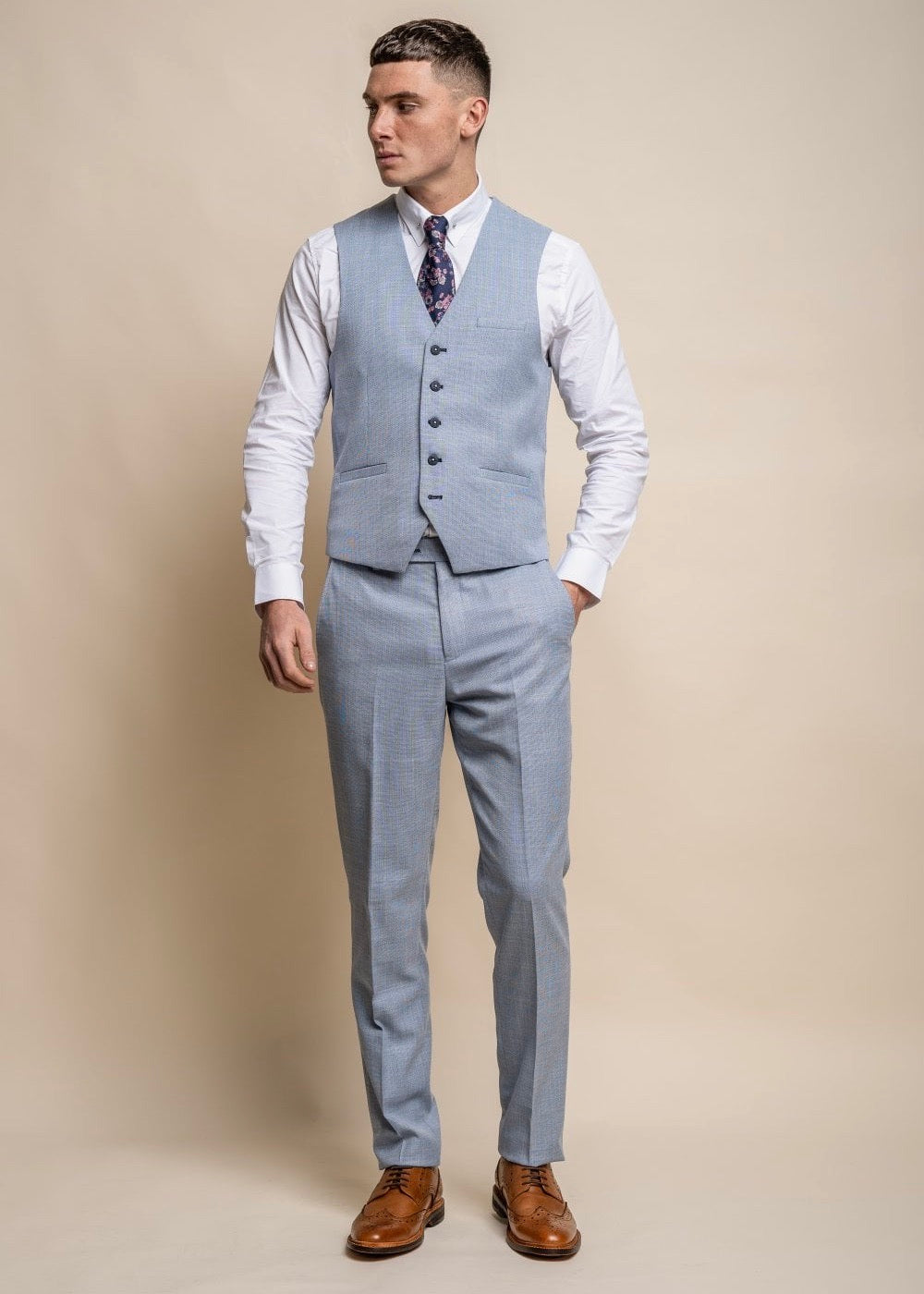 Maimi sky suit for men, waistcoat is shown with trousers and white shirt.