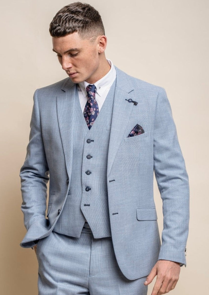 Miami sky blue suit for men, showing closer up suit front.