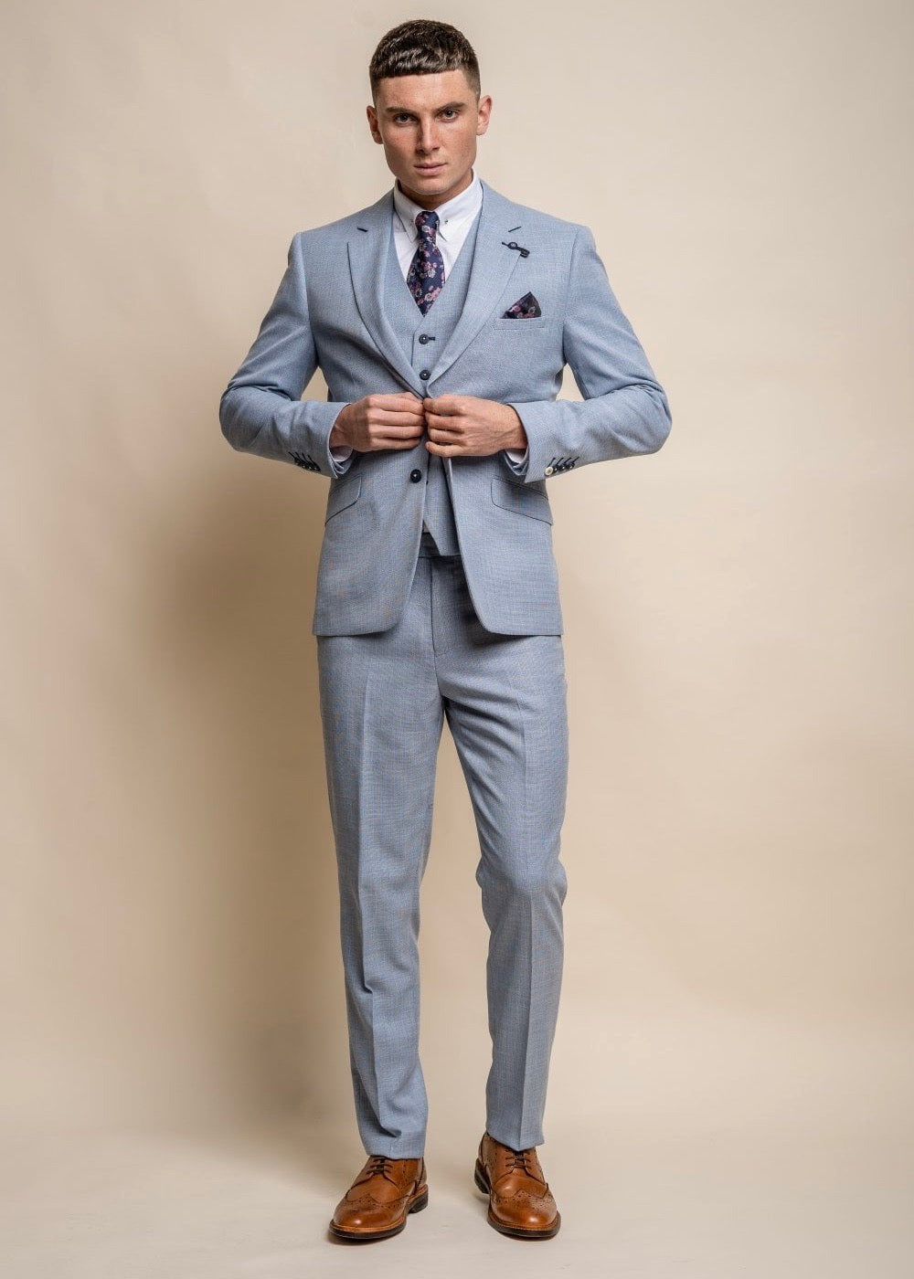 Miami sky blue suit for men, showing full front of suit.