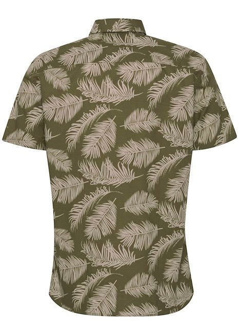 Short-sleeve shirt for men with an olive colour and palm leaf pattern showing reverse of shirt.