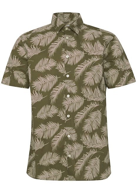 Short-sleeve shirt for men with an olive colour and palm leaf pattern