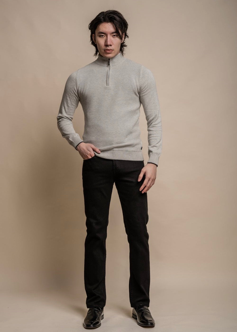 Quarter-Zip Waffle Men's Light Grey Jumper in model's outfit