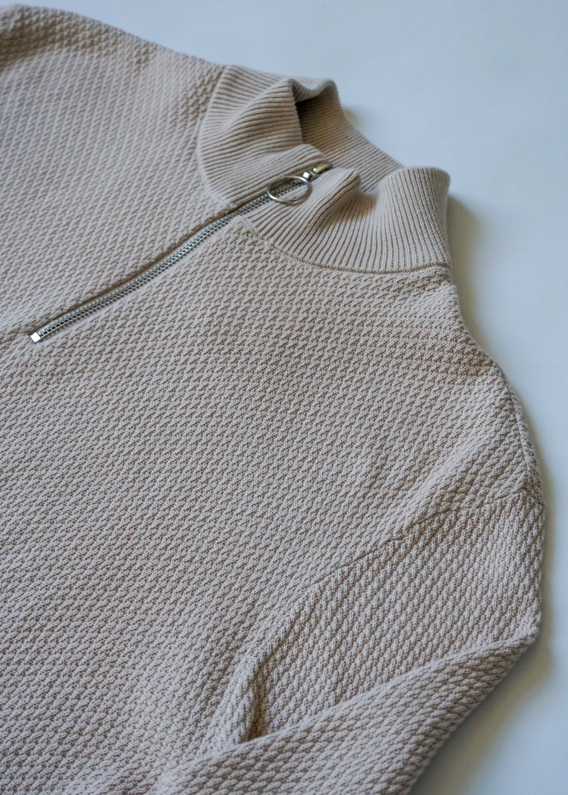 Quarter-Zip Jumper For Men In Waffle Knit & Cream Colour - Top Of Jumper