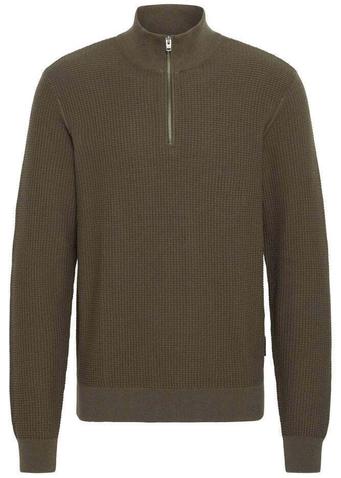 Quarter-Zip Waffle Knit Jumper Olive Grey
