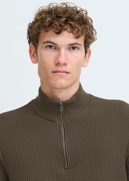 Quarter-Zip Waffle Knit Jumper Olive Grey