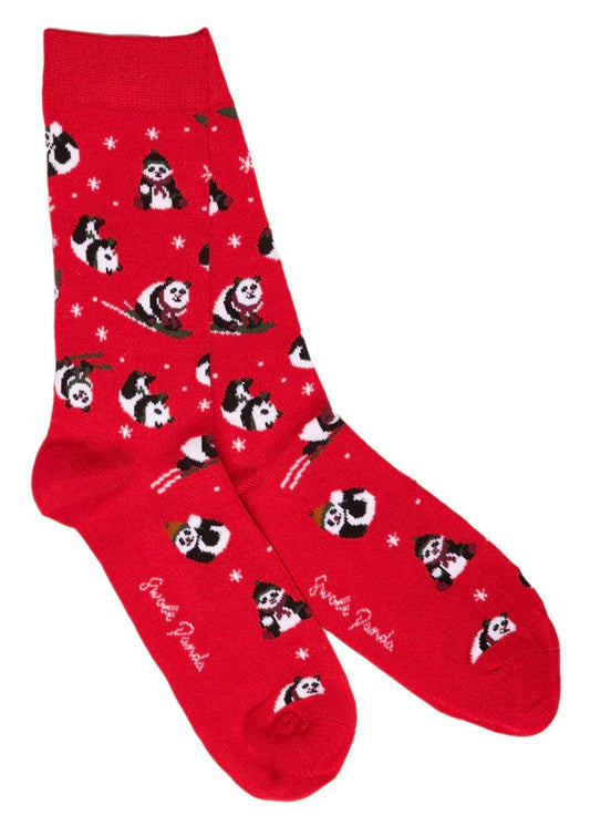 Bamboo socks for men with a pattern of skiing pandas.