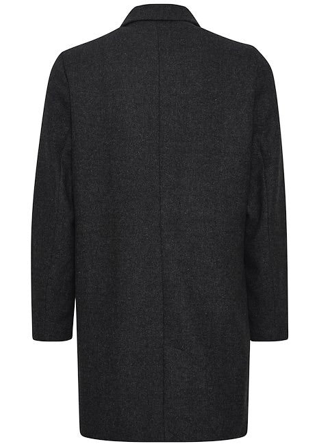 Reverse of long wool coat in grey.