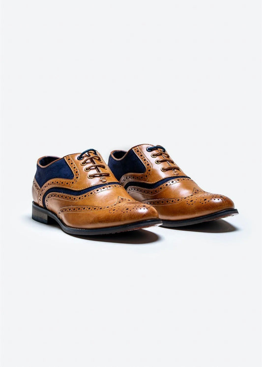 Russel Brogues in navy and tan, men's formal footwear.