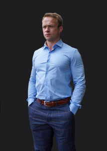 Man wearing Suave Owl Pale Blue Shirt.