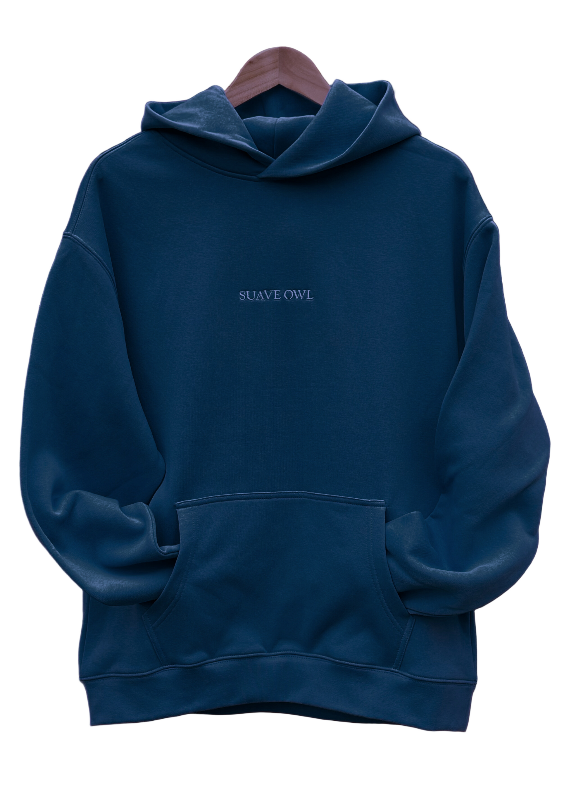 Blue hoodie with 'SUAVE OWL' logo on a white background