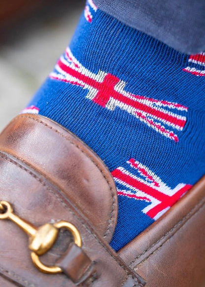 Men's bamboo socks with union jack pattern shown by model.