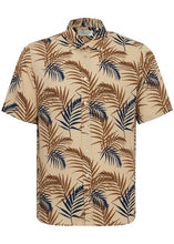 Load image into Gallery viewer, Short-sleeve button-up shirt for men with tropical leaf design in tan
