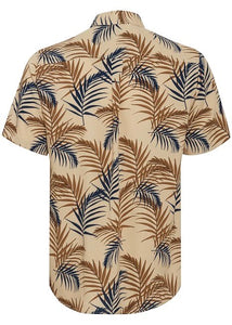 Short-sleeve button-up shirt for men with tropical leaf design in tan, showing reverse details.