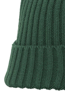 Close up on men's green beanie.