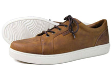 Load image into Gallery viewer, Sand brown trainers for men. One shoe is turned on the side so the grooved bottom of the sole is visible.

