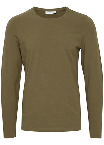 Olive long sleeve tee for men, showing front details.