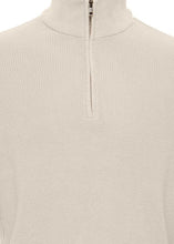 Load image into Gallery viewer, Men&#39;s Jumper in cream with a half-zip neckline. Close up on details.
