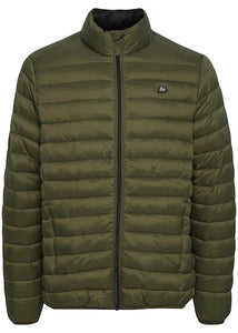 Forest green puffa jacket for men, showing front details.