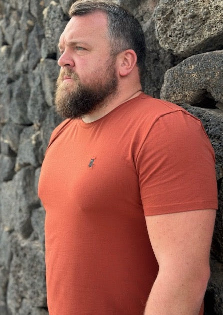 SUAVE OWL Burnt Orange Fitted Stretch T-Shirt worn by large framed man.