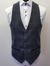Load image into Gallery viewer, Marc Darcy Scott Blue Tweed Waistcoat worn with textured white shirt
