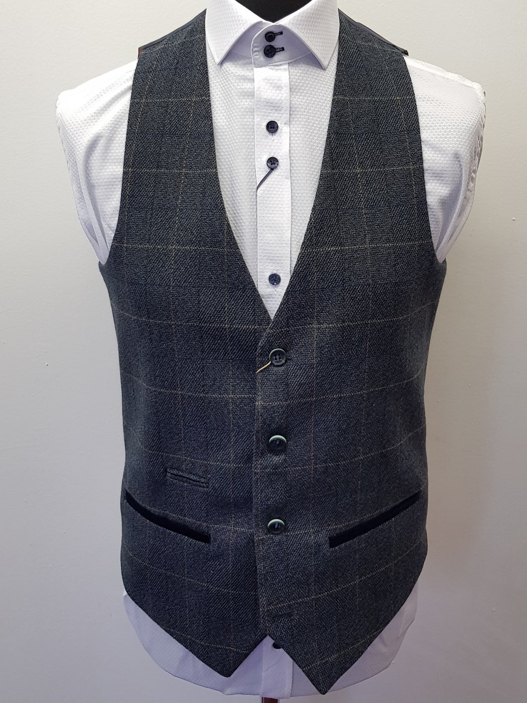 Marc Darcy Scott Blue Tweed Waistcoat worn with textured white shirt
