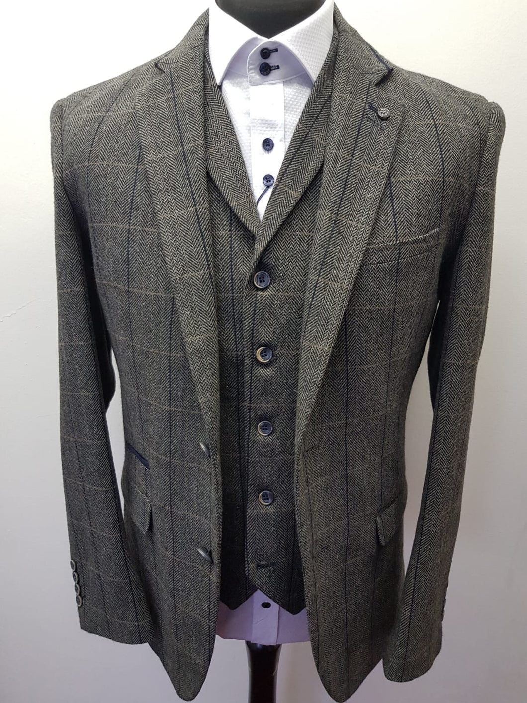 Cavani Albert Grey Tweed Jacket and matching waistcoat with a white shirt ideal for a wedding or another formal occasion