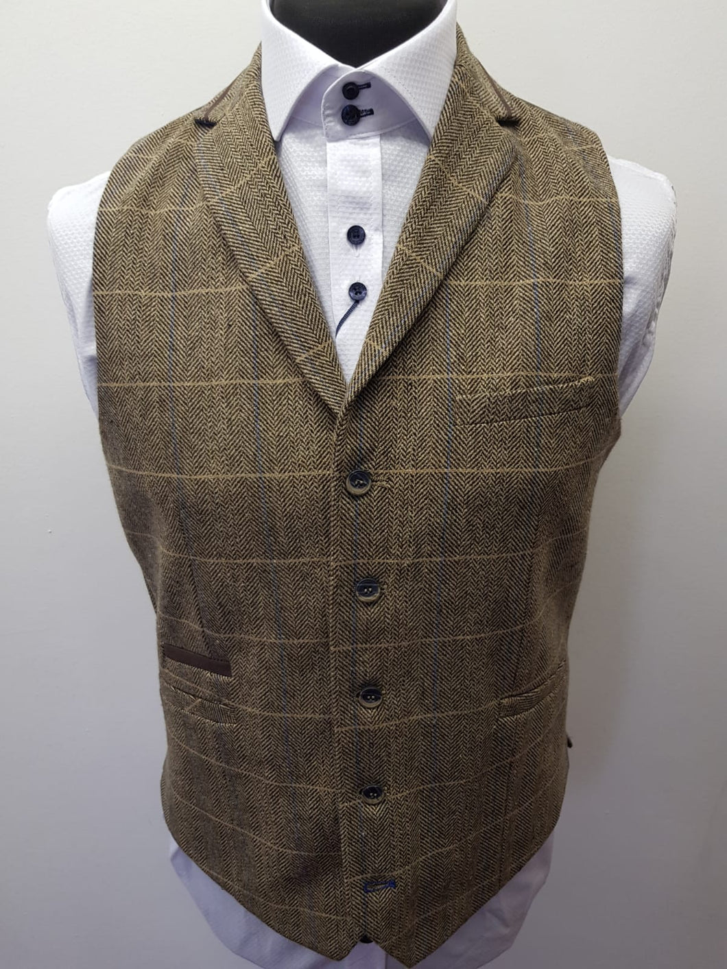 Cavani Albert Brown Tweed waistcoat with a shirt for a formal occasion inspired by Peaky Blinders